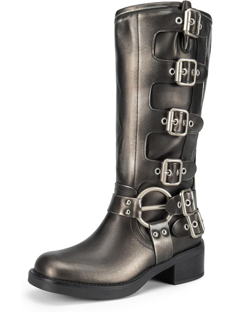 Women's Silver Knee High Riding Boots Side Zipper Square Toe Chunky Heel Boots